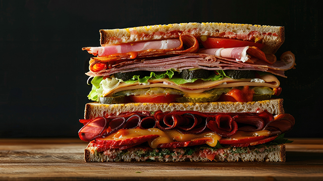 A towering sandwich on a wooden surface features layers of sliced meat