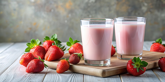 Two glasses of strawberry milk with fresh strawberries fruit , s