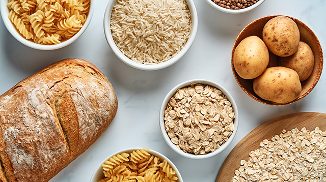 bread loaf, pasta, rice, oats, and potatoes